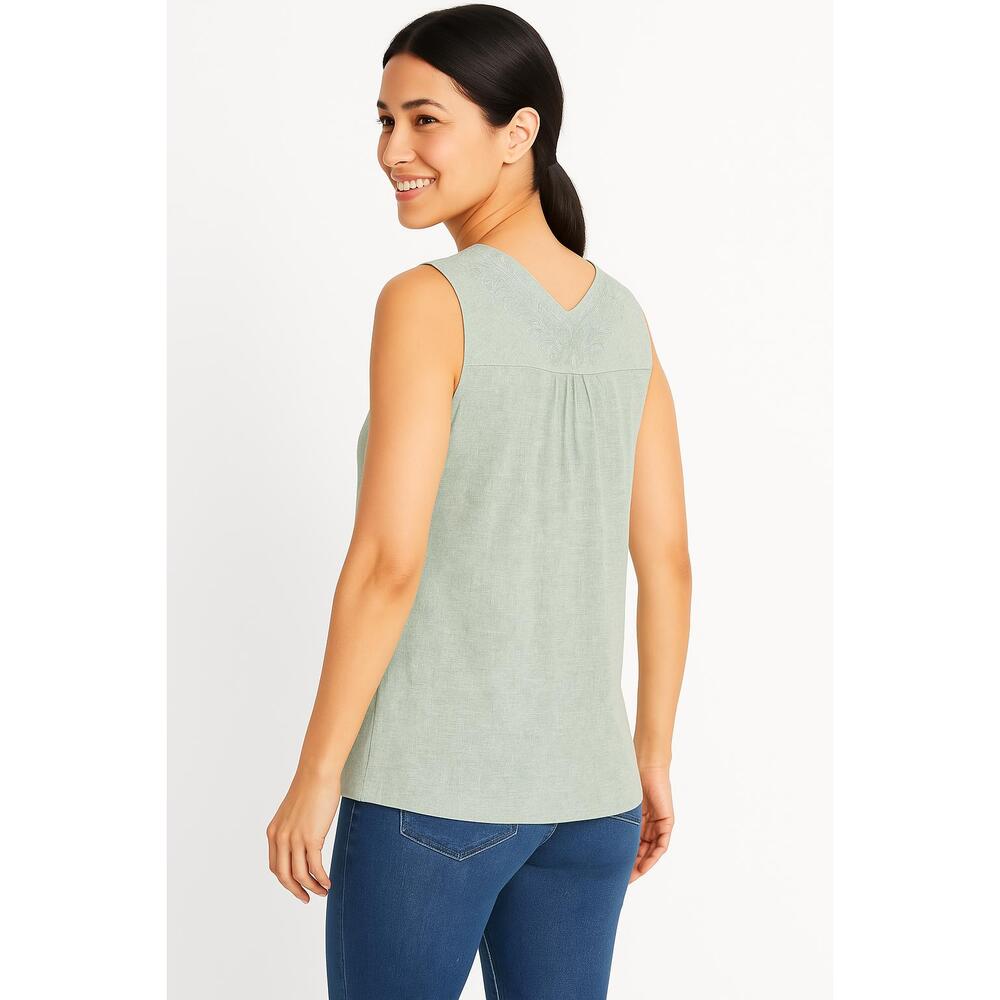 Talbots Light Green Vneck Embroidery Detail Sleeveless Top Petite Small